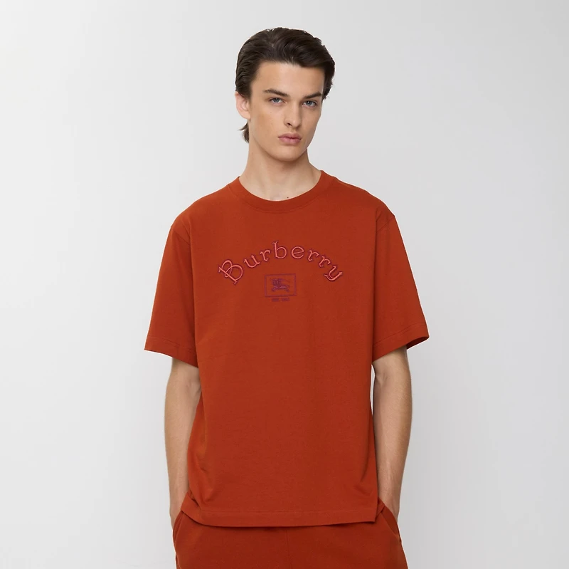 Gothic Logo Cotton T-shirt in Fire orange - Men | Burberry® Official