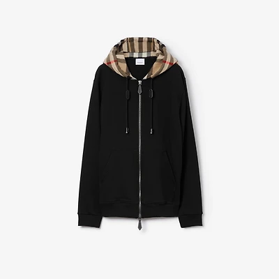 Check Hood Cotton Zip Hoodie in Black/archive beige - Men | Burberry® Official