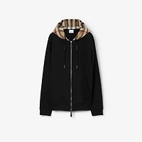 Check Hood Cotton Zip Hoodie in Black/archive beige - Men | Burberry® Official