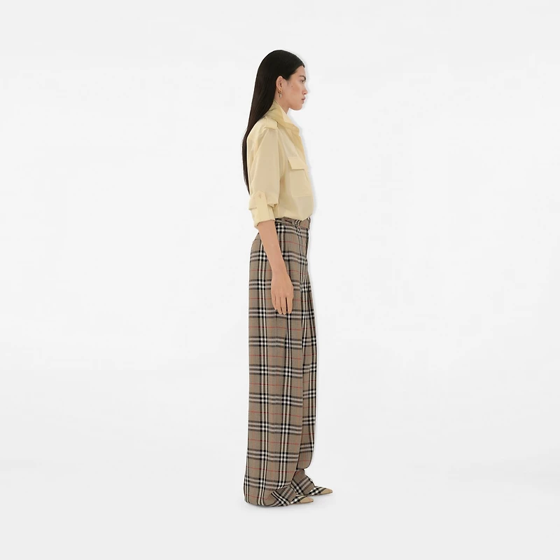 Check Silk Blend Belted Trousers in Limestone - Women, Nylon | Burberry® Official