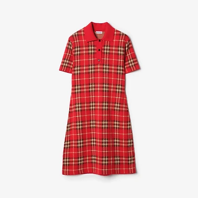 Check Wool Cotton Polo Shirt Dress in Crayon red - Women | Burberry® Official