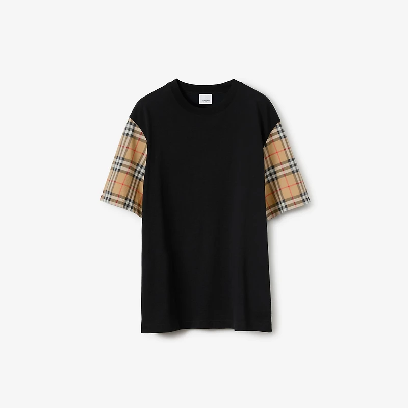 Check Sleeve Cotton T-shirt in Black