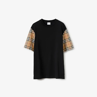 Check Sleeve Cotton T-shirt in Black