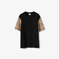 Check Sleeve Cotton T-shirt in Black