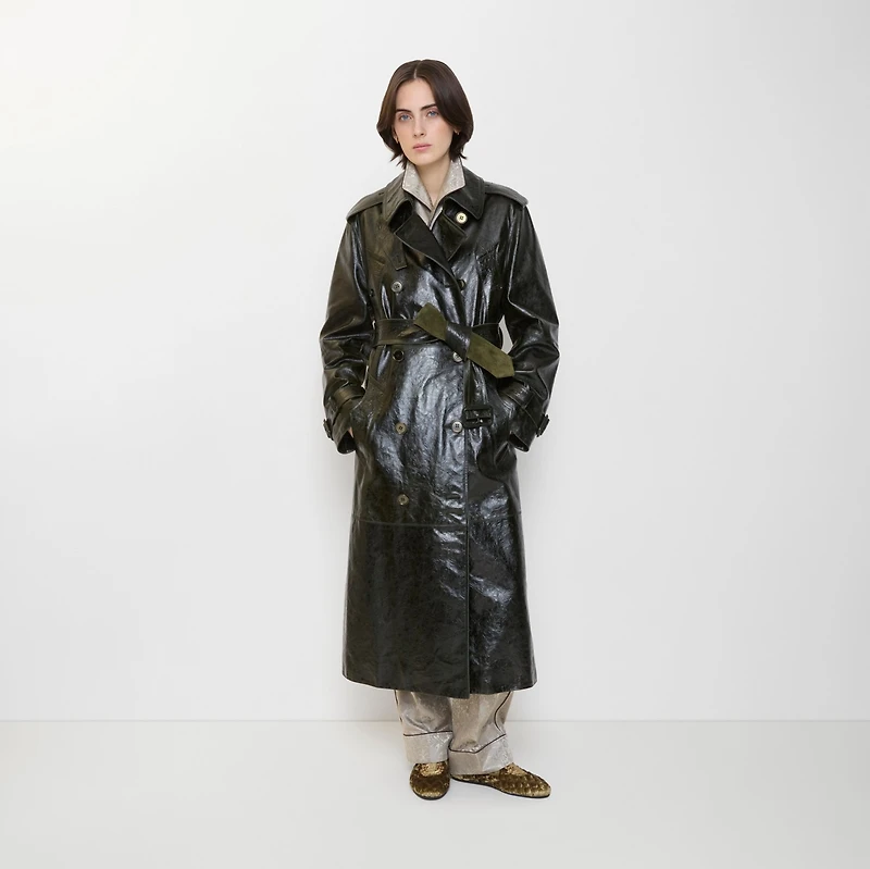 Long Embossed Leather Trench Coat in Moat green - Women | Burberry® Official