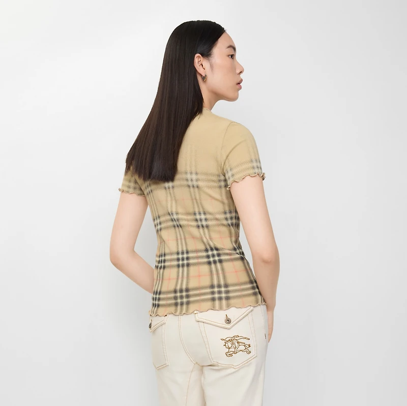 Gradient Check Stretch Cotton Top in Sand beige - Women | Burberry® Official