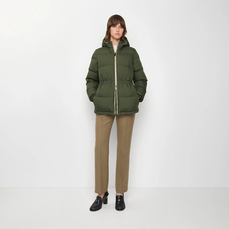 Check Trim Nylon Hooded Puffer Jacket in Shale green - Women | Burberry® Official