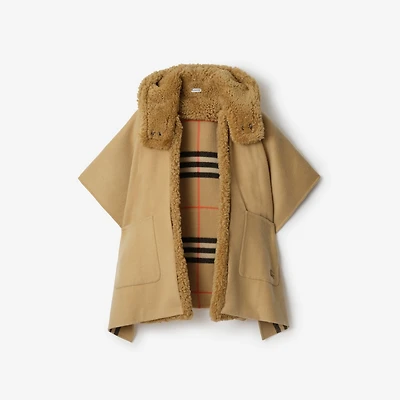 Reversible Shearling Trim Check Cashmere Cape in Sand beige | Burberry® Official