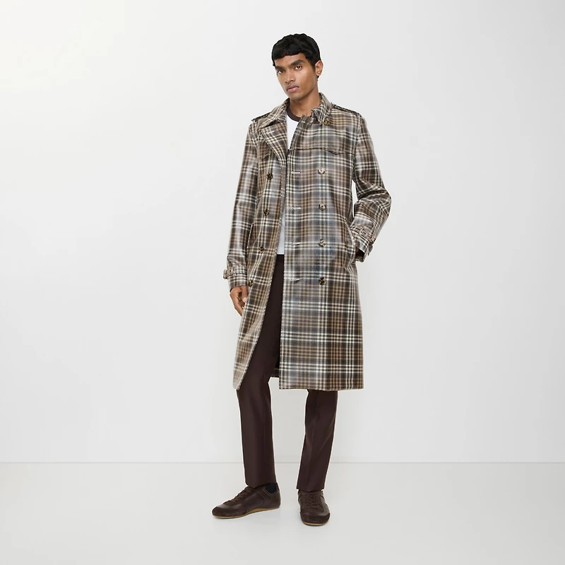 Long Check Coated Raffia-effect Foxfield Trench Coat in Chalk white/truffle brown - Men | Burberry® Official