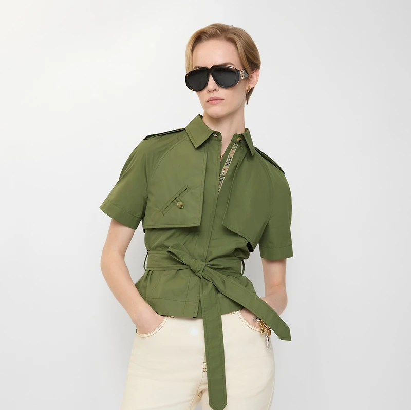 Cropped Cotton Poplin Trench Shirt in Pasture green - Women | Burberry® Official