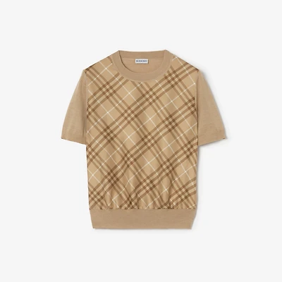 Check Panel Wool Silk T-shirt in Camel - Women | Burberry® Official