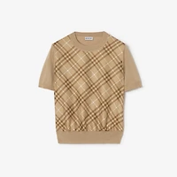 Check Panel Wool Silk T-shirt in Camel - Women | Burberry® Official
