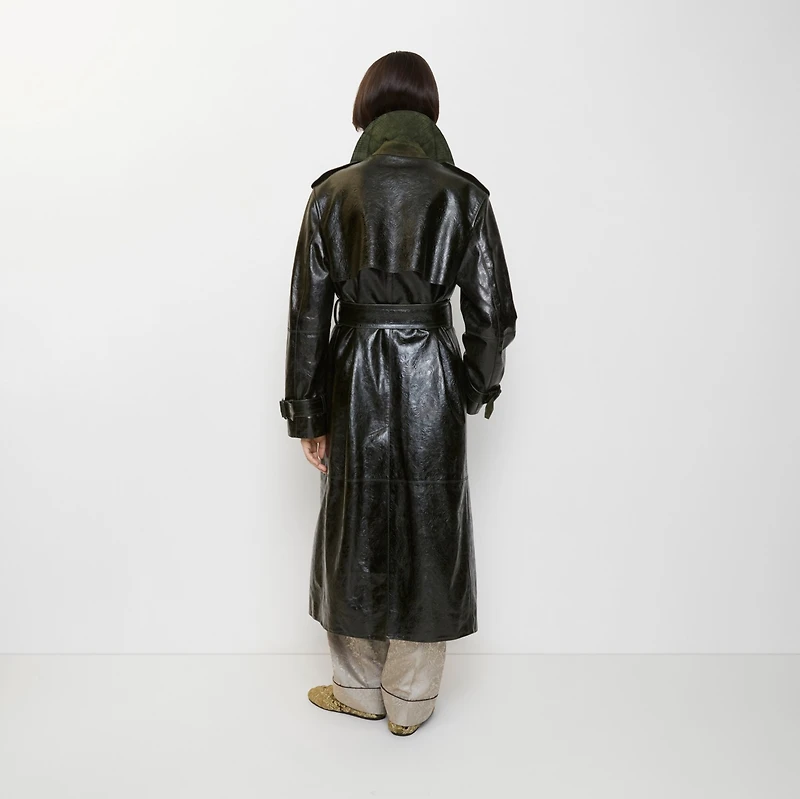 Long Embossed Leather Trench Coat in Moat green - Women | Burberry® Official