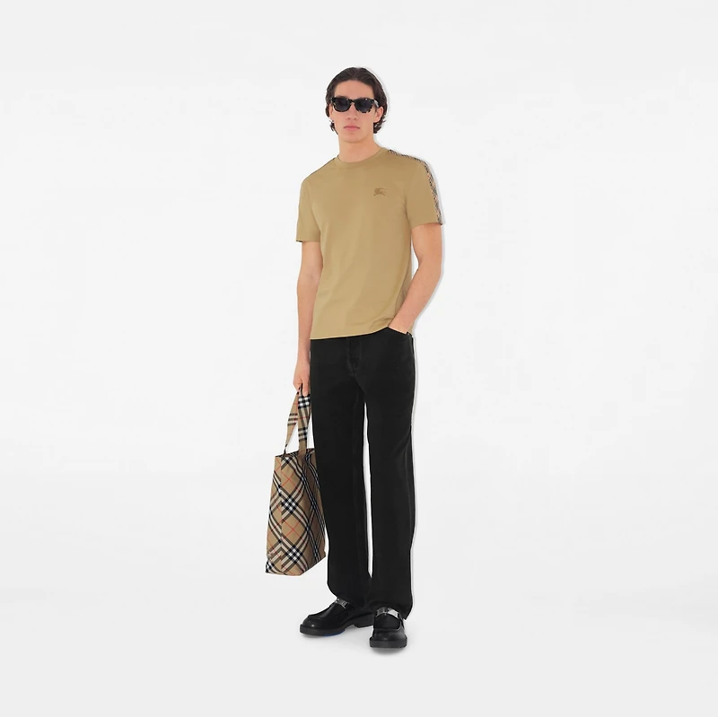 Check Trim Cotton T-shirt in Flax beige - Men | Burberry® Official
