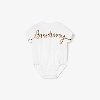 Check Cursive Logo Cotton Bodysuit in White - Children | Burberry® Official