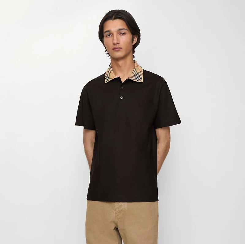 Check Collar Cotton Polo Shirt in Clove brown - Men | Burberry® Official