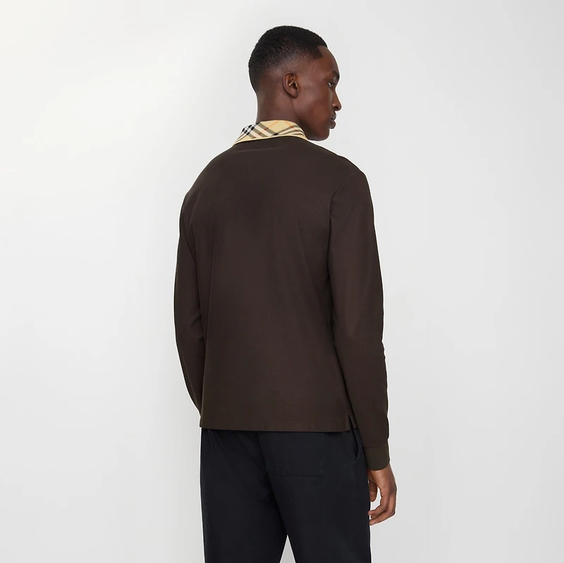 Long-sleeve Check Collar Cotton Polo Shirt in Clove brown - Men | Burberry® Official