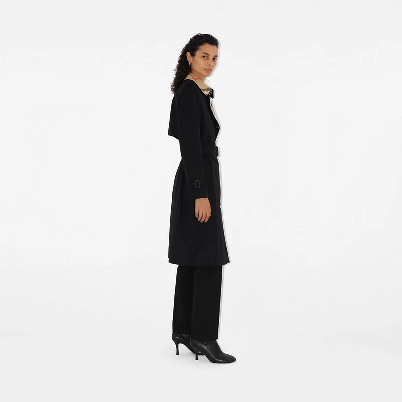 Long Check Collar Gabardine Trench Coat in Black - Women, Cotton Gabardine | Burberry® Official