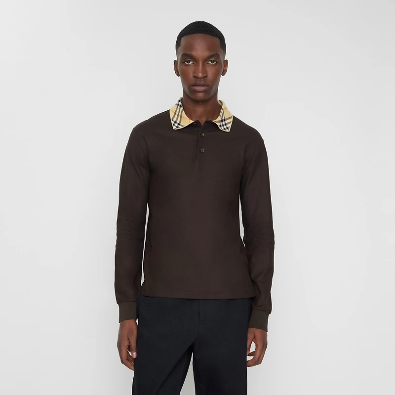 Long-sleeve Check Collar Cotton Polo Shirt in Clove brown - Men | Burberry® Official
