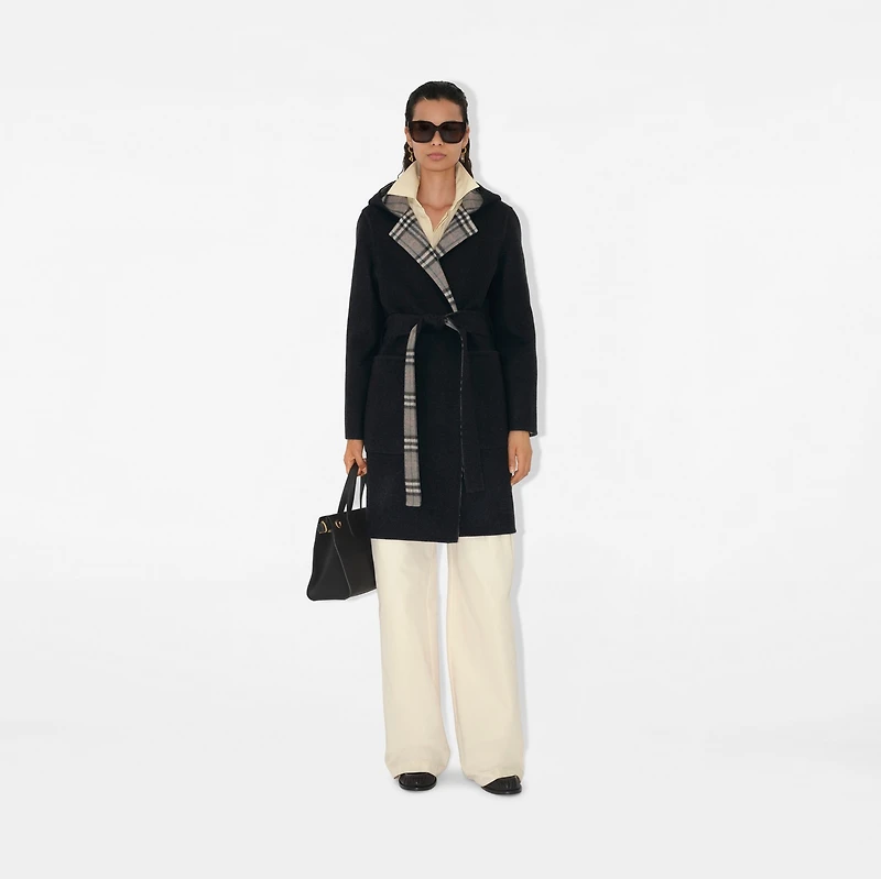 Reversible Wool Hooded Wrap Coat in Navy/Glacier - Women | Burberry® Official