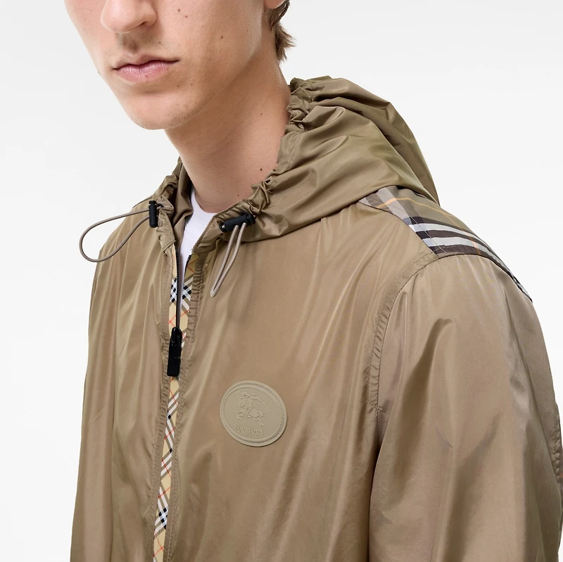 Check Trim Nylon Hooded Jacket in FINCH BROWN - Men | Burberry® Official