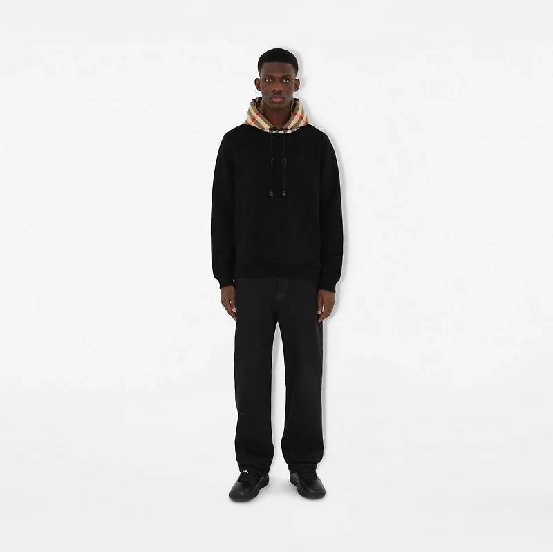 Check Hood Cotton Blend Hoodie in Black/birch brown - Men | Burberry® Official
