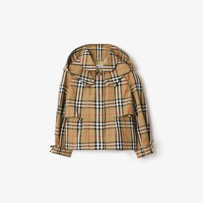Check Cotton Hooded Trench Jacket in Sand beige | Burberry® Official