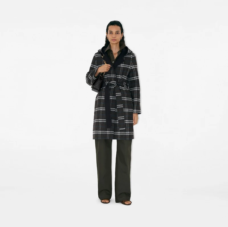 Reversible Wool Hooded Wrap Coat in Black/snug - Women | Burberry® Official