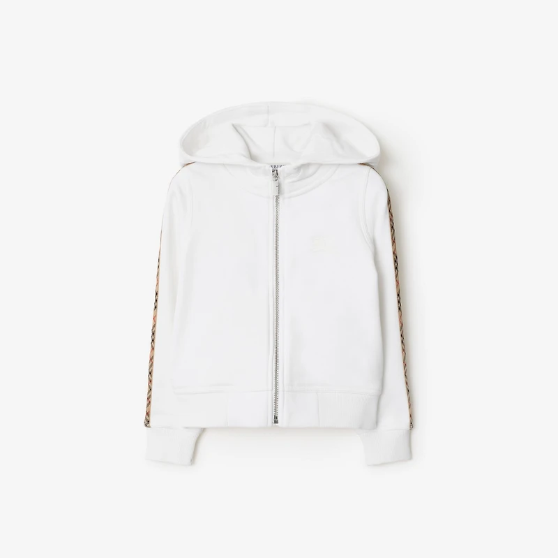 Check Trim Cotton Zip Hoodie in White | Burberry® Official
