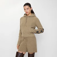 Check Patch Wool Cashmere Hoodie in Light brown melange - Women | Burberry® Official