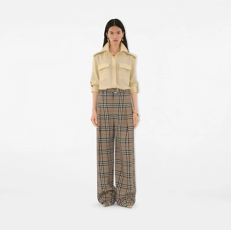 Check Silk Blend Belted Trousers in Limestone - Women, Nylon | Burberry® Official