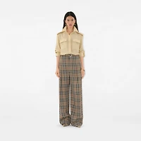 Check Silk Blend Belted Trousers in Limestone - Women, Nylon | Burberry® Official
