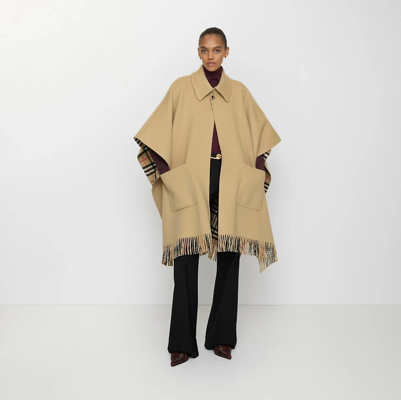 Reversible Check Wool Cape in Sand beige | Burberry® Official