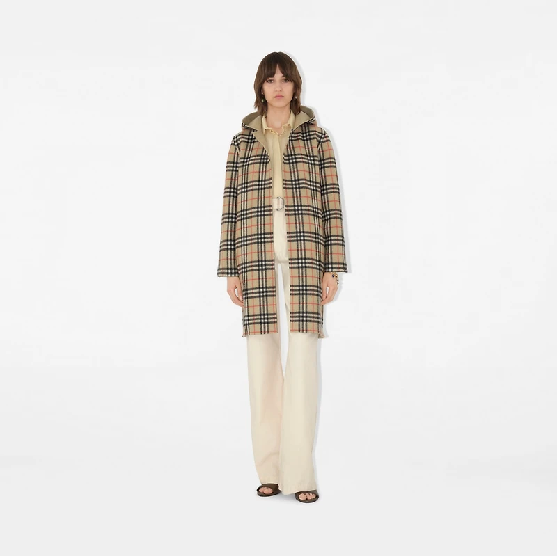 Reversible Wool Hooded Wrap Coat in Sand - Women | Burberry® Official