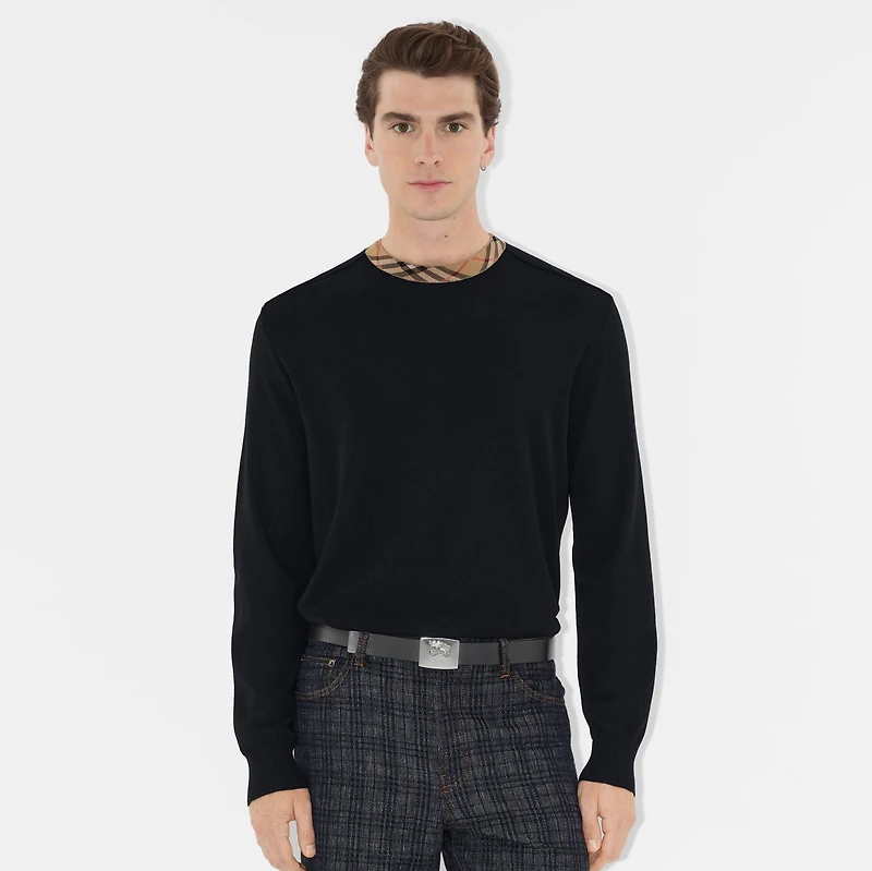 Check Trim Wool Sweater in Black - Men | Burberry® Official