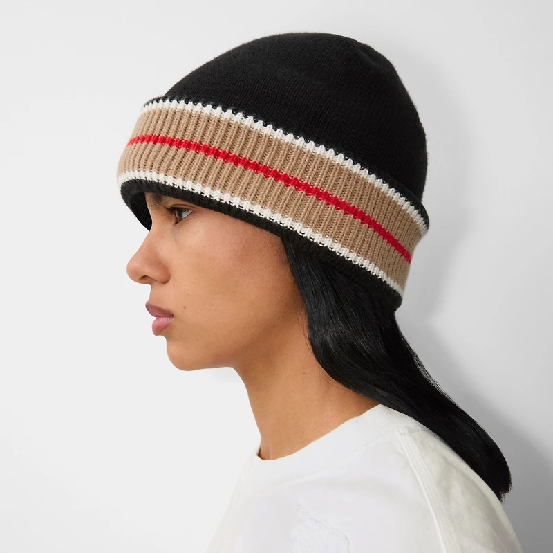 Reversible Icon Stripe Cashmere Cotton Beanie in Black/camel - Women | Burberry® Official