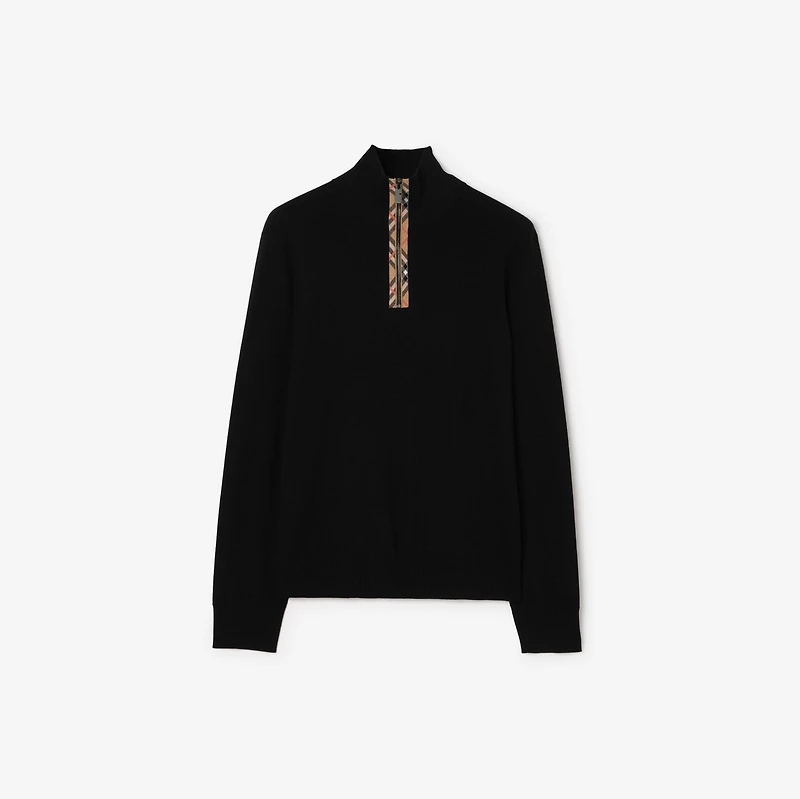 Check Trim Wool Half-zip Sweater in Black - Men, Cashmere | Burberry® Official