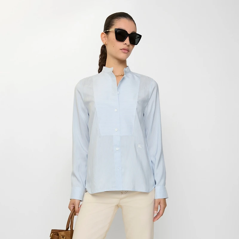 Relaxed Fit Striped Silk Poplin Shirt in Ice blue/chalk white - Women | Burberry® Official