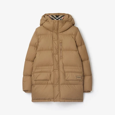 Nylon Hooded Puffer Jacket in Camel brown
