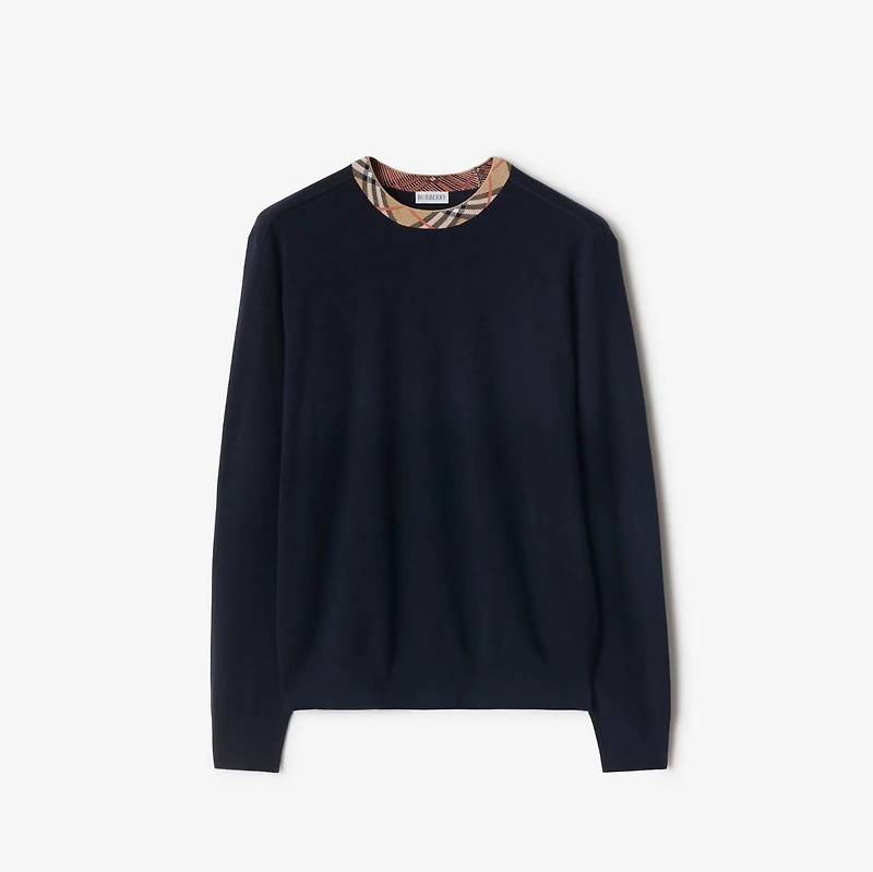 Check Trim Wool Sweater in Navy - Men | Burberry® Official