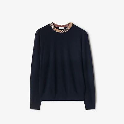 Check Trim Wool Sweater in Navy - Men | Burberry® Official