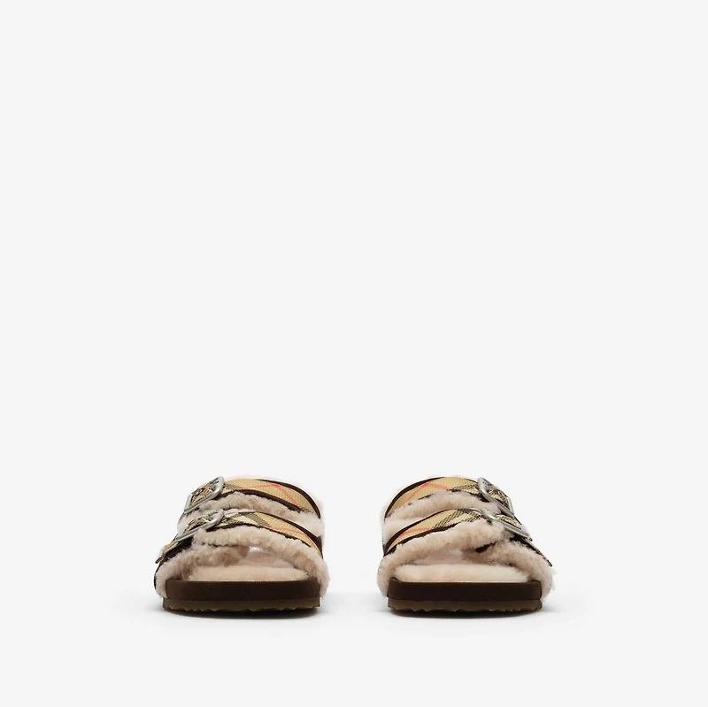 Check Shearling Urchin Sandals in Moorhen brown - Men | Burberry® Official