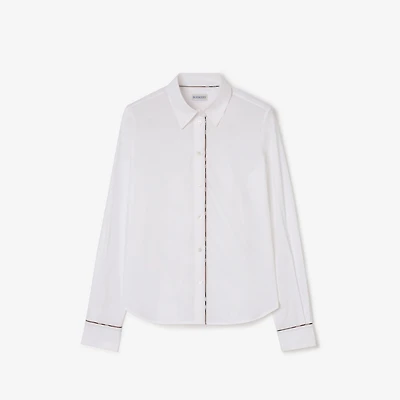 Check Trim Cotton Shirt in White - Women | Burberry® Official