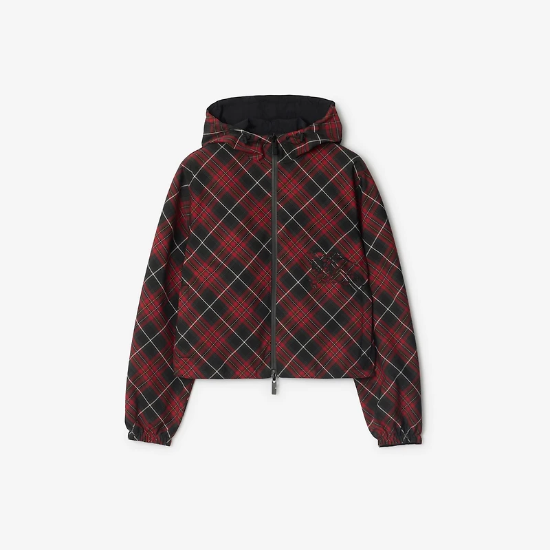 Cropped Reversible Check Hooded Jacket in Poppy red - Women, Nylon | Burberry® Official