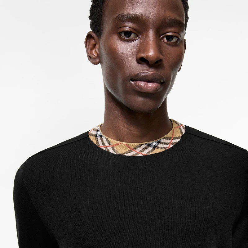 Check Trim Wool Sweater in Black - Men | Burberry® Official