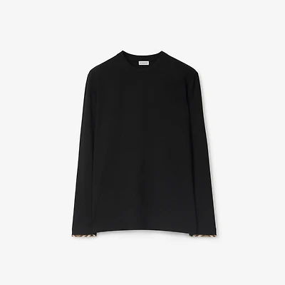 Long-sleeve Check Trim Cotton Top in