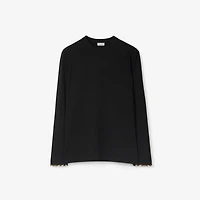 Long-sleeve Check Trim Cotton Top in