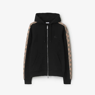 Check Trim Cotton Zip Hoodie in Black - Men | Burberry® Official
