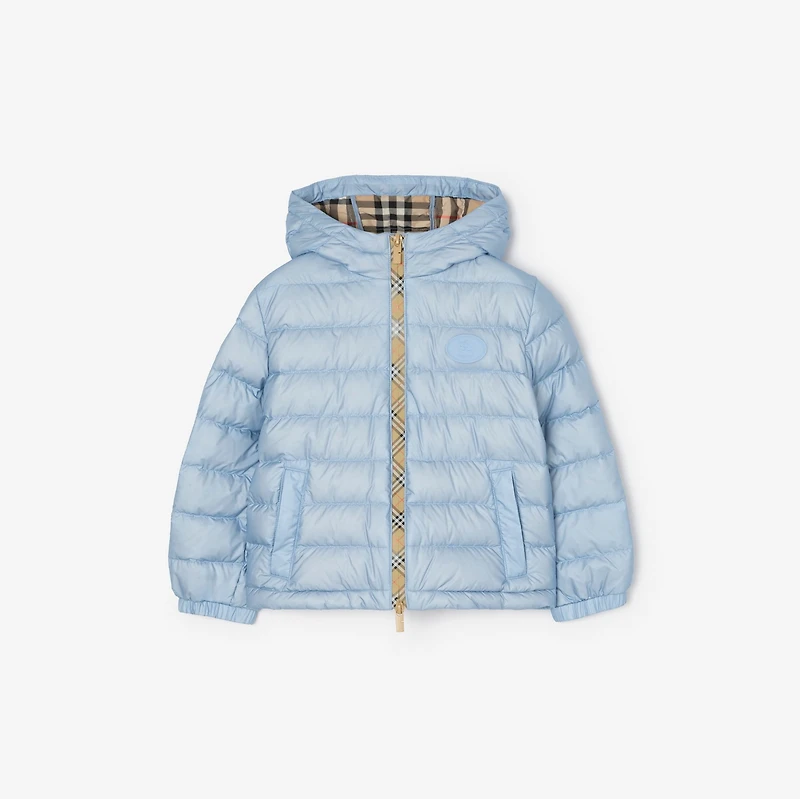 Checker-tape Nylon Hooded Puffer Jacket in Ice blue | Burberry® Official