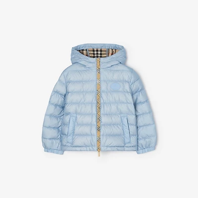 Checker-tape Nylon Hooded Puffer Jacket in Ice blue | Burberry® Official